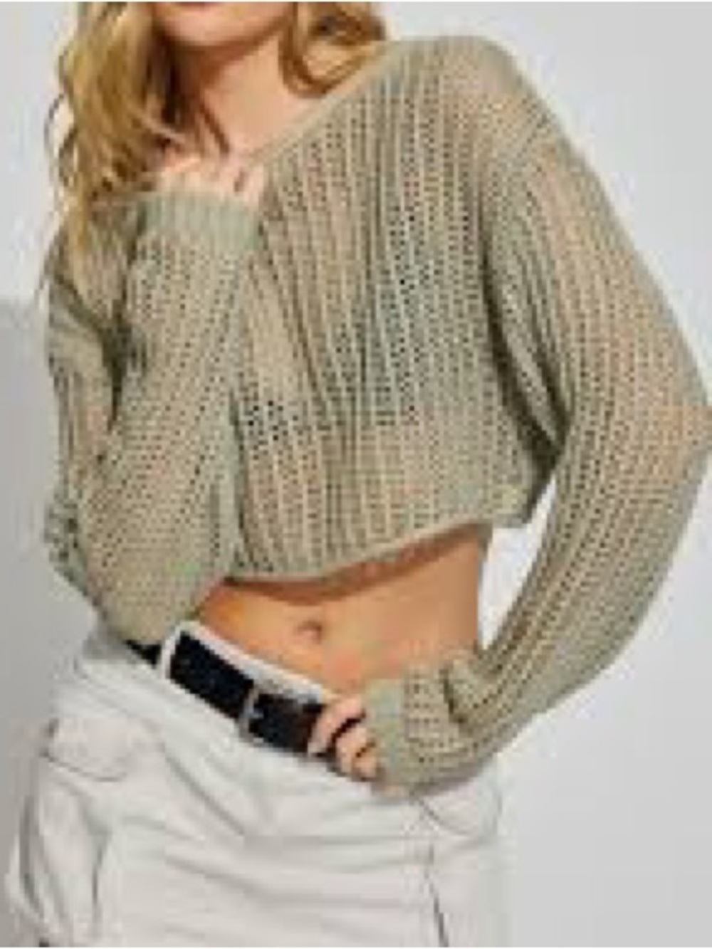 Garage olive green open knit cropped sweater women’s size medium